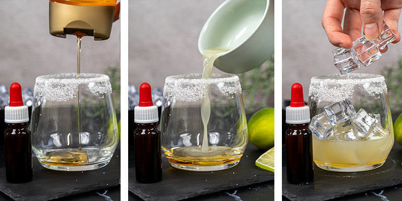 Bland sirup og limesaft i dit saltkantede glas, og rør det sammen Bland sirup og limesaft i dit saltkantede glas, og rør det sammen
