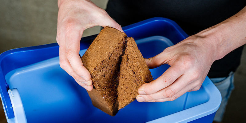Kom kokosfibre i spanden Place the coco coir in the bucket