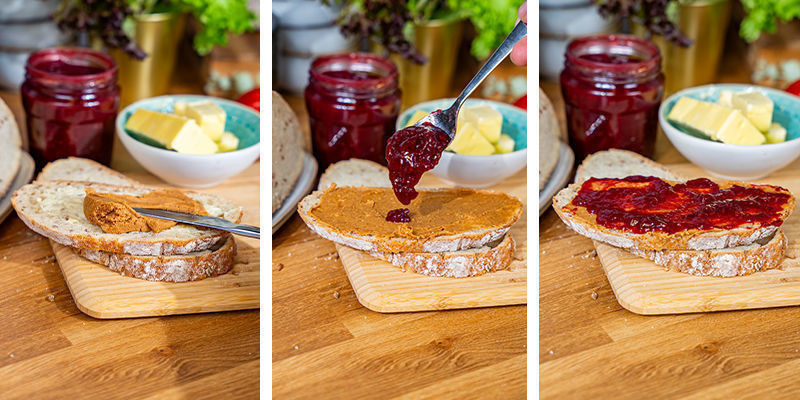 Smør peanutbutter og marmelade på den ene skive (med smørsiden opad) Spread Your Peanut Butter And Jam On One Piece Of Bread (Butter-side Up)