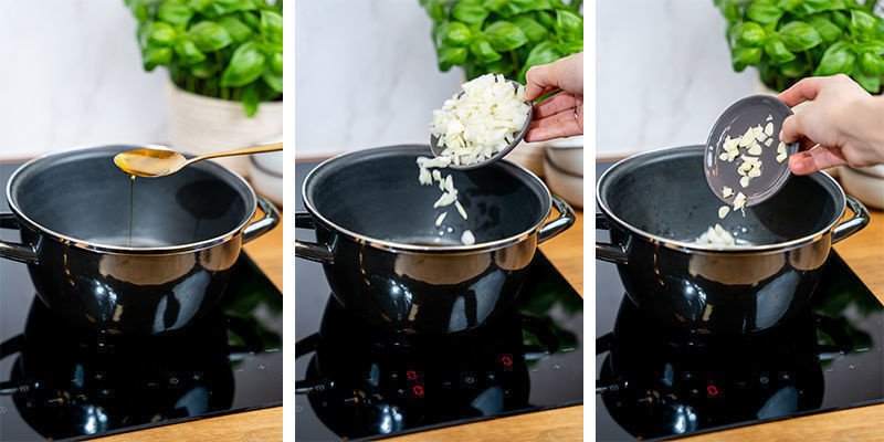 Varm din almindelige (ikke-infuserede) madolie op i gryden, og sautér de hakkede løg, til de bliver klare og bløde. Tilsæt derefter hvidløget, og lad det stege kort, til det dufter Varm din almindelige (ikke-infuserede) madolie op i gryden, og sautér de hakkede løg, til de bliver klare og bløde. Tilsæt derefter hvidløget, og lad det stege kort, til det dufter