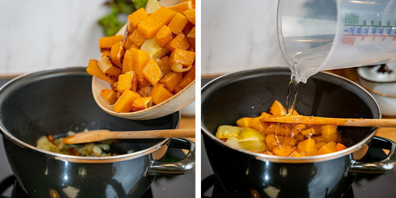 Tilsæt det bagte græskar, grøntsagsbouillon og vand, og lad det komme op at simre Tilsæt det bagte græskar, grøntsagsbouillon og vand, og lad det komme op at simre