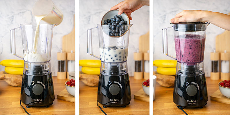 Hæld mælken i blenderen, og tilsæt blåbærrene lidt ad gangen. Pulsér, til det er godt blandet. Add milk to the blender and gradually pour in blueberries. Pulse until combined.