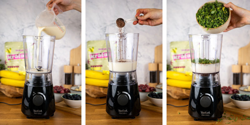 Tilsæt kakaopulver, kanel, mælk og rå grønkål i blenderen. Add the cocoa powder, cinnamon, milk, and raw kale to the blender.