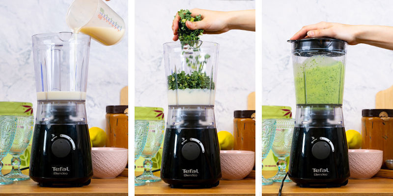 Tilsæt mælk og grønkål i blenderen, og blend kort. Add milk and kale to the blender and pulse.