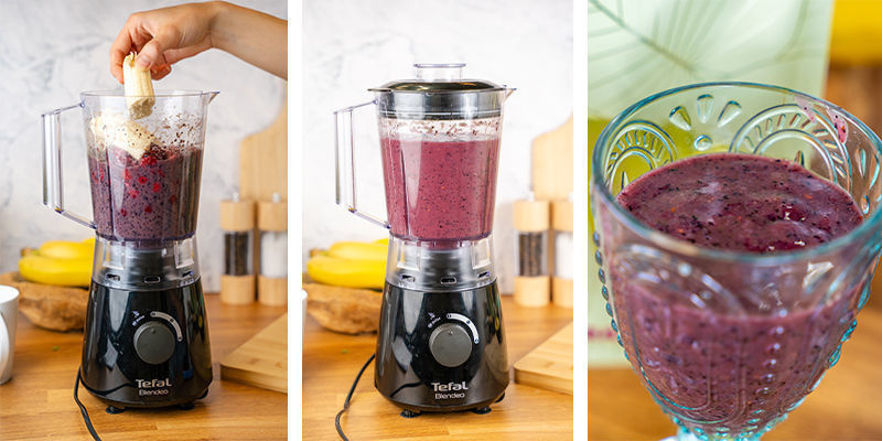 Tilsæt bananskiverne, og blend ved lav hastighed. Add chopped banana to mixture and blend on low.