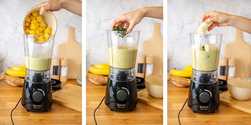 Tilsæt frossen spinat, ananas og banan, og blend, til konsistensen er helt cremet. Tilsæt frossen spinat, ananas og banan, og blend, til konsistensen er helt cremet.