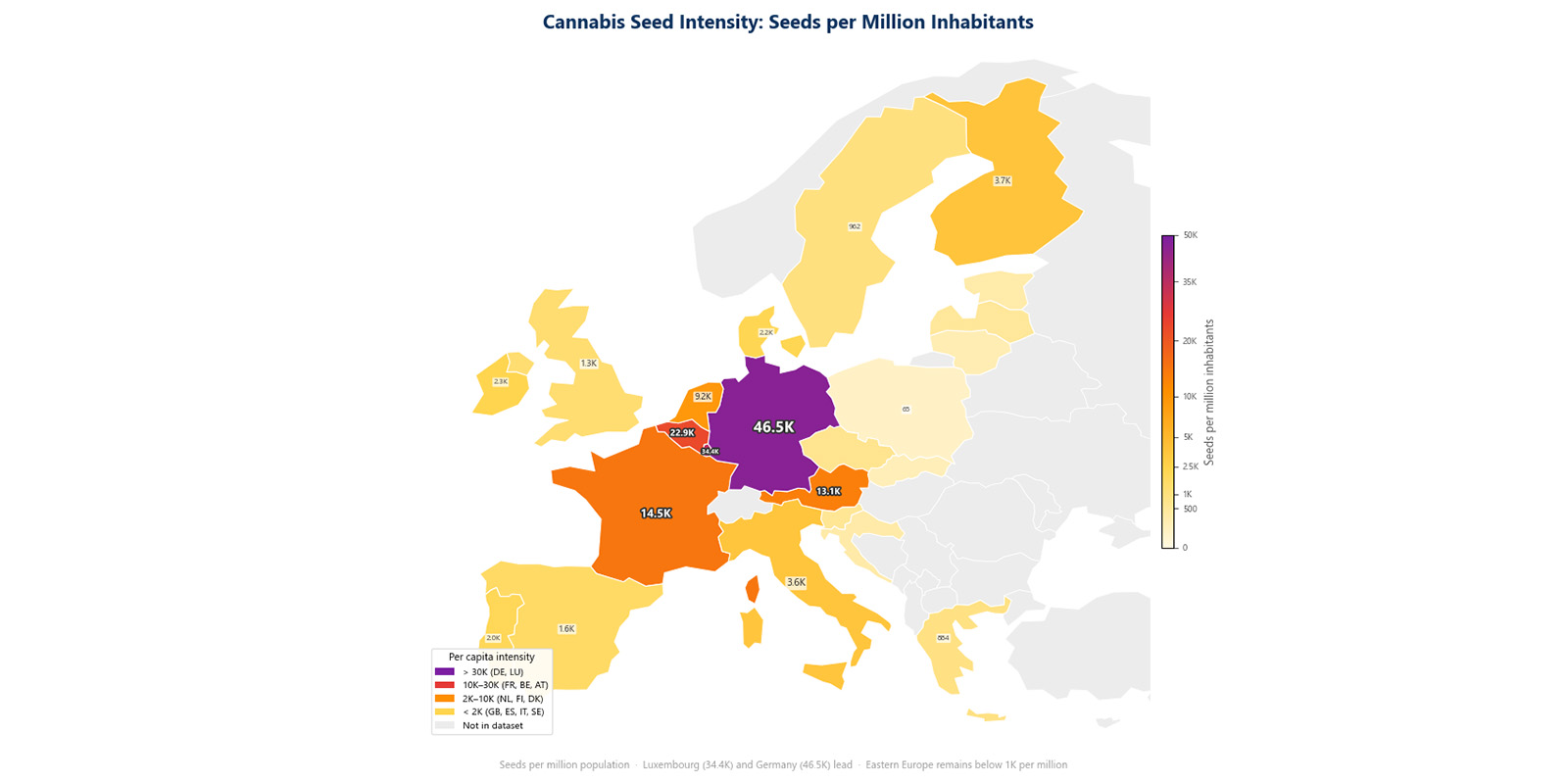 Figur 1: Køb af Cannabisfrø pr. indbygger i Europa. Figur 1: Køb af Cannabisfrø pr. indbygger i Europa.