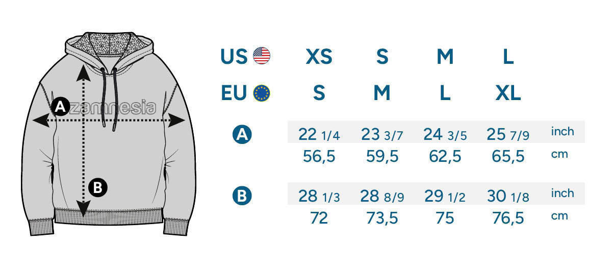 Størrelsestabel til Zamnesia hoodie med broderi Størrelsestabel til Zamnesia hoodie med broderi