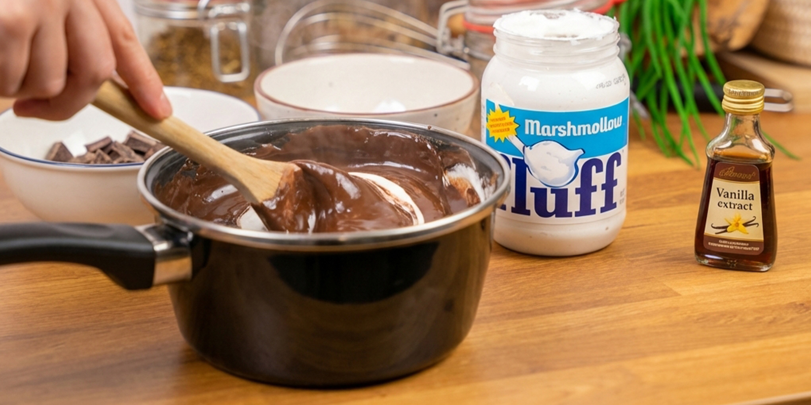Tilsæt chokolade og marshmallowcreme Tilsæt chokolade og marshmallowcreme