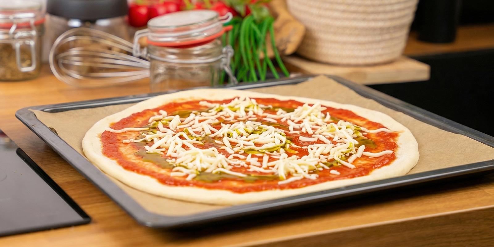 Tilsæt sauce og ost Add sauce and cheese