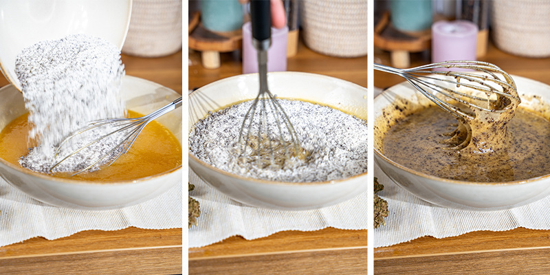 Tilsæt gradvist de tørre ingredienser til den våde blanding, og rør, til dejen er ensartet uden klumper. Tilsæt gradvist de tørre ingredienser til den våde blanding, og rør, til dejen er ensartet uden klumper.