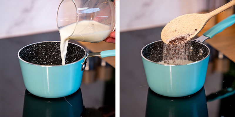 Når du vil lave drikken, varmer du 240 ml mælk (pr. portion) i en gryde eller i mikrobølgeovnen. Når du vil lave drikken, varmer du 240 ml mælk (pr. portion) i en gryde eller i mikrobølgeovnen.